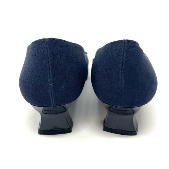 Vintage Stuart Weitzman Navy Blue Square Toe Kitten Heels w Black Bows Women's 7 - Picture 6 of 9